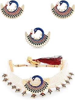 Multicolor Meenakari Peacock Inspired Multistrand Pearls Choker Necklace Earring & Ring Set For Women-ZPFK14436