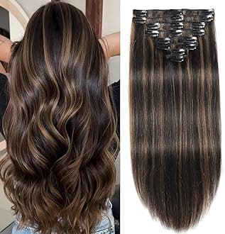 Balayage Natural Black to Chestnut Brown Clip in Hair Extensions Real Human Hair Clip ins Remy Invisible Natural Straight Seamless Clip on Hair Extensions 8pcs Double Weft 20 Inch 105g