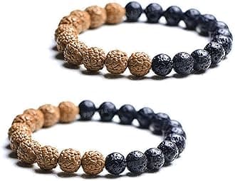 Young & Forever Reiki Infused Handmade Chakra Bracelets Semi Precious Gemstone Lava Beads Bracelet Rudraksha Bracelet for Men 8mm Round Beads Stretch Bracelet 7" Unisex