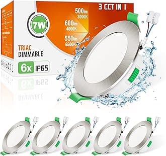 ALUSSO IP65 LED Downlights Dimmable 7W Slim Recessed Ceiling Lights, 3CCT 3000K Warm 4000K Neutral 6500K Cool Adjustable Bathroom Spotlights, Brushed Nickel, 6 Pack