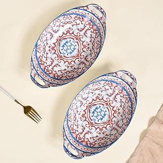 Set of 2 Red and Blue Mandala Design Ceramic Serving Dish with Handles for Snacks, Appetizers, Salads, and Noodles| Microwave Safe, Dishwasher Safe (10.8 Inch)