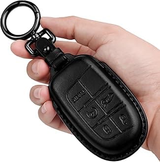 Tukellen for Jeep Key Fob Cover Leather,Leather Key Case Protector Compatible Jeep Grand Cherokee Renegade Chrysler 200 300 Dodge RAM Durango Challenger Journey Dart Fiat (only for Keyless go)-Black