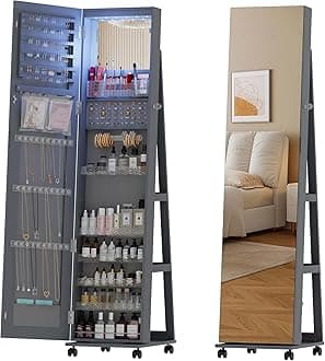 OUTDOOR DOITOUTDOOR DOIT 360° Rotating LED Jewelry Armoire with Lockable,Full Length Mirror Large Capacity Jewelry Organizer Armoire,Floor Standing Mirror with Back Storage Shelves for Bedroom,Gray