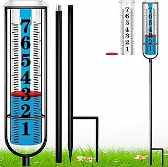 Rain Gauge Outdoor, Freeze Proof Rain Gauges Outdoors Best Rated, 7" Capacity Large Clear Font and Scale Rain Guage with Long Stake for Yard Garden, Rain Water Meter with Two Plastic Replacement Tube