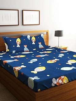 Home Sizzler 144 Tc Microfibre Kid'S Fishes Double Bedsheet With 2 King Size Pillow Covers, Navy Blue