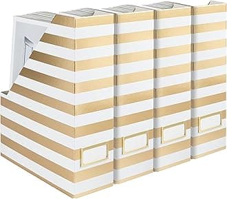 BLU MONACO | Cardboard Magazine File Holder Set of 4 Gold White Stripes | Vertical Magazine File Holder with Label Slots | Standing File Holder and Cardboard Bins for Shelves Desk Classroom