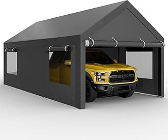 JAMFLY Carport, 15x20 ft Heavy Duty Carport with Roll-up Windows, Portable Garage with Removable Sidewalls & Doors, Car Canopy with Sandbags and All-Season Tarp for Car Boat Truck Motorcycle
