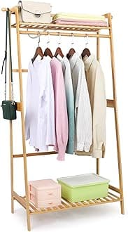 COOGOU Portable Kids Clothes Racks for Hanging Clothes Organizer,Bamboo Garment Rack with Shelves, Wooden Small Corner Clothing Racks Bedroom, Narrow Space,Free Standing