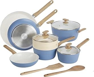 GoodCook 12-Piece Healthy Ceramic Titanium-Infused Cookware Set, Light Blue – Pots, Pans, Steamer, Spoon & Turner – Induction Cookware, Kitchen Pots & Pans Set, Nonstick Cooking Pan Set