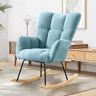 SoarFlash Nursery Rocking Chair Teddy Fabric Glider Chair Upholstered Rocker Accent Armchair with High Backrest and Solid Wood Legs for Nursery Bedroom Living Room Office(Aqua)