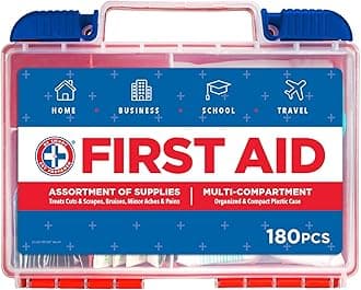 180 Piece First Aid Kit: Clean, Treat, Protect Minor Cuts, Scrapes. Home, Office, Car, School, Business, Travel, Emergency, Survival, Hunting, Outdoor, Camping & Sports, FSA HSA