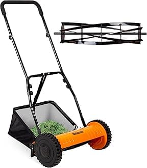 Walensee 16-Inch 5-Blade Push Reel Lawn Mower, Cordless Manual Reel Lawn Mower Walk-Behind Steel Lawn Mowers with Removable 7.9-Gallon Grass Catcher, Sponge Grip, 4-Position Cutting Height Adjustment