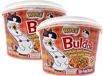 YCNO KOMBOFAN Samyang Buldak K Rose, Wide Flat Glass Noodles, Big Bowl Cup, Korean Fire Challenge Microwaveable 삼양 로제 불닭 납작당면 (5.98oz) (2 Packs)