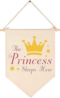 The Princess Sleeps Here-Canvas Hanging Pennant Flag Wall Sign Decor Gift for Baby Kids Girl Nursery,Kids Room Playroom Decor- Crown,Stars
