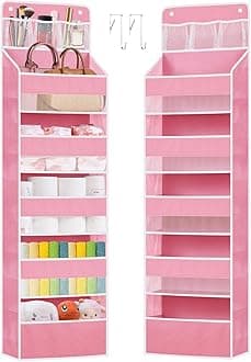 WakayeOver the Door Organizers Storage - 6 Shelf Hanging Storage shelves Door Organizer with Pockets, Anti Tilt 44 lb Load Behind Door Organizer for Bedroom,Nursery,Bathroom,Kitchen,Dorm,Shoe - 1 Pack, Pink