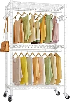 VIPEK V12 Medium Heavy Duty Rolling Garment Rack 3 Tiers Adjustable Clothes Rack with Double Rods & Hooks, Freestanding Wardrobe Closet Storage Rack Metal Clothing Rack for Hanging Clothes, White