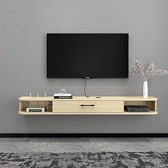 PmnianhuaFloating TV Console, Floating TV Unit wall mounted Entertainment Wall Shelf TV Cabinet Media Console with Door and Storage for Home Office (140cm, Light Oak)