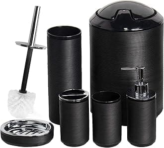Bathroom Accessories Set 6 Piece Bath Ensemble Includes Soap Dispenser, Toothbrush Holder, Toothbrush Cup, Soap Dish for Decorative Countertop and Housewarming Gift, Black