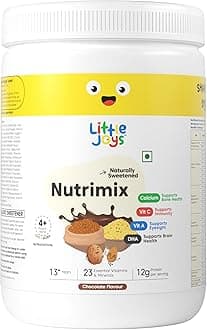 - Little Joys Chocolate Nutrimix 13+ (350g) | Naturally Sweetened with Dates & Jaggery | With 23 Essential Vitamins & Minerals | 12g Protein per Serving | Supports Overall Health & Development | With Ragi, Millet, Almonds & Oats | Chocolate Flavour Nutrition Drink Powder