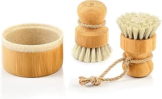 SUBEKYU Bubble Up Bamboo Dish Brush Set with Soap Holder, Wooden Dish Scrubber with Soap Dispenser, Natural Kitchen Scrub Brush, Washing Pot/Pans/Cast Iron, 2 Pack, Sisal Bristles