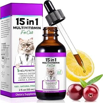 Cat Multivitamin,15 in 1 Cat Vitamins Liquid Drops Supplements for Heart Health, Bones, Joint, Skin & Coat, Bladder, Immune System Support 60ml
