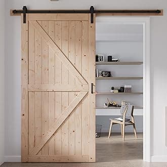 48in x 96in Wood Sliding Barn Door with 8FT Barn Door Hardware Kit Included K Shape Solid Spruce Panel Sliding Door Double Surfaces Need to Assembly