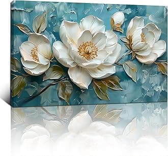 FajerminArt Framed Large White Peony Flowers Canvas Wall Art Vintage Blue White Floral Canvas Prints Painting Wall Artwork Picture for Living Room Bedroom Home Decorations Ready To Hang 24"x36"