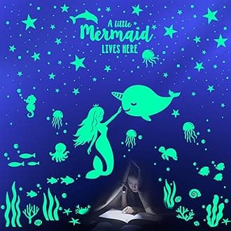 476 PCS Ocean Fish Wall Decals, Glow in The Dark Stars Under The Sea Wall Decals, Mermaid Narwhal Fish Wall Stickers, Glow in The Dark Stars for Ceiling, Under The Sea Party Wall Decal for Kids Rooms