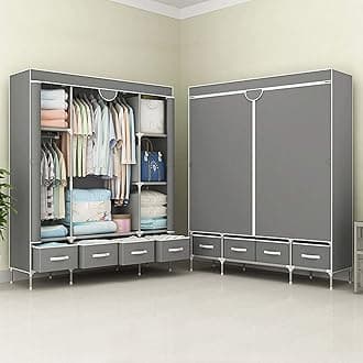 Grey Canvas Wardrobe 150x45x170cm | with Hanging Rail, Shelves & Drawers | Dustproof Waterproof Clothes Storage Closet
