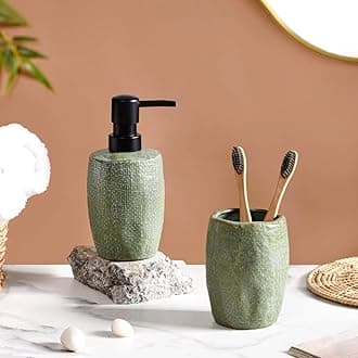 Nestasia Ceramic Bath Set of 2 - Liquid Soap Pump Dispenser & Toothbrush Holder for Wash Basin & Bathroom - Dark Green Bathroom Accessories