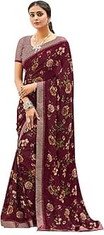SIRIL Women's Floral and Satin Border Printed Gerogette Saree with Unstitched Blouse