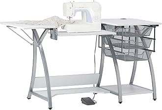 Sew Ready Pro Stitch Sewing Machine Table with 3-Wire Mesh Drawers and Drop Leaf Side Shelf, Craft Table and Computer Desk, Powder Coated Steel Frame in Silver with 47.25" W White Top,Silver/White