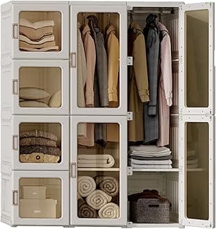 ANTBOXPortable Wardrobe Closet Storage Organizer for Clothes,Transparent Door Panels,Suitable for Living Room, Bedroom,Plastic Wardrobe with Magnetic Door and Easy Assembly 6 Cubes & 2 Hanging Rod