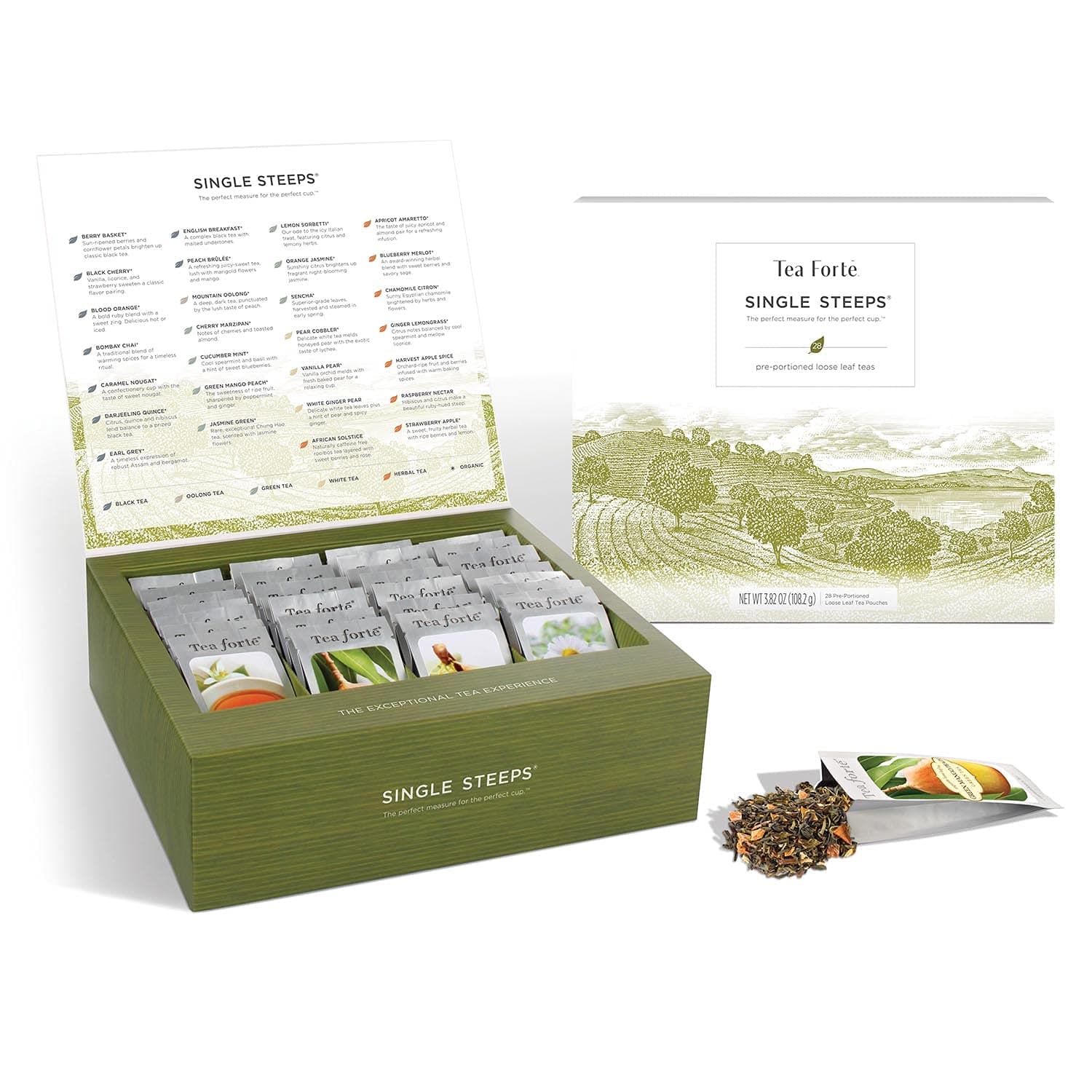 Tea Forte Single Steeps Loose Leaf Tea Sampler, Assorted Variety Tea Box, 15 Single Serve Pouches, Classic Tea