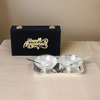 INTERNATIONAL GIFT® German Silver Lotus Bowl Spoon Tray Or Carry Bag with Happy Anniversary Tag | German Silver Metal Suitable for Gifting, Serving, Home Décor and Pooja