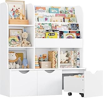 FOTOSOK 47'' Kids Bookcase and Bookshelf, Multifunctional Bookcase with 5 Storage Cubbies and 3 Movable Drawers, Toy Storager Display Stand, Toy Storage Organizer for Bedroom, Playroom, Hallway, White