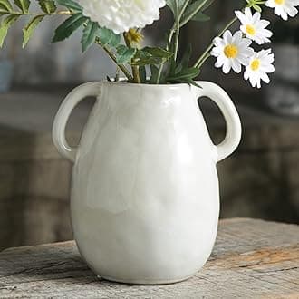 Tanvecle White Ceramic Vase with 2 Handles, Modern Farmhouse Decor, Rustic Terracotta Pottery, Decorative Flower Vases, Clay Small Vase, Centerpiece for Dining Table - 7 Inch Tall
