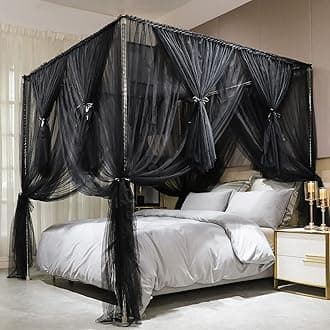Joyreap 4 Corners Post Canopy Bed Curtain Black- Twin Size Royal Luxurious Cozy Drapes Netting- Elegant Bedroom Decoration Accessories for Adults