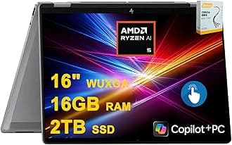 HP OmniBook X Flip AI PC 2-in-1 Laptop | 16" WUXGA Touch (400nits) | AMD 6-core Ryzen AI 5 340 (Up to 50 Tops) | 16GB DDR5 2TB SSD | Backlit 5MP IR Privacy Camera Win11Pro w/DLCA Accessory