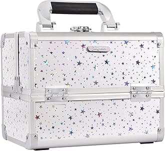 Joligrace Makeup Train Case Cosmetic Box Portable Makeup Case Organizer 2 Trays Makeup Storage with Mirror Locking for Cosmetics Nail Kits Traveling Makeup Box Shining Star