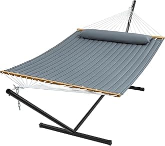 SUPERJARE Hammock with Stand, 2 Person Quilted Outdoor Hammock, Detachable Pillow & Bamboo Spreaders, Portable Hammock with Carrying Bag, Heavy Duty Stand, Perfect for Outside, Patio, Neutral Gray