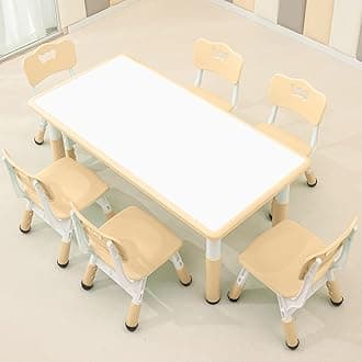 monleelnom Children's Table and Chair Set Suitable for Boys and Girls Age 2-12 Height Adjustable Table top Can be Painted with 6 Seats Suitable for Family Learning Daily use (Wood Color)