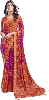 SAMAH Women's Bandhani Printed | Leheriya Printed Chiffon Saree with Unstitched Blouse Piece