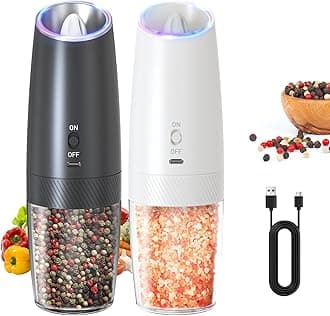 Rechargeable Salt and Pepper Grinder Set Gravity Electric Salt and Pepper Grinder Set, LED Light, Adjustable Coarseness, for Home Kitchen BBQ, Black & White