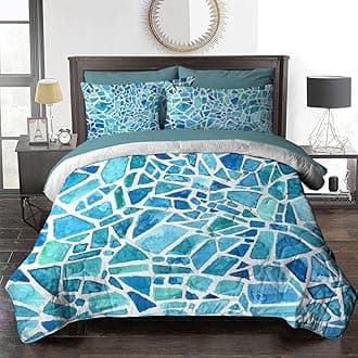 BlessLiving Mosaic Comforter Marble Bed in A Bag 8 Pieces Coastal Blue and Green Comforter Sets King Size - 1 Comforter, 2 Pillow Shams, 1 Flat Sheet, 1 Fitted Sheet, 2 Pillowcases, 1 Cushion Cover