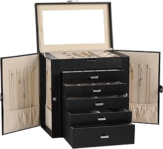 - Frebeauty Large Jewelry Box,6-Tier PU Leather Jewelry Organizer,Multi-functional Storage Case with Mirror,Accessories Holder with 5 Drawers for Necklace Bracelets Watches(Black)