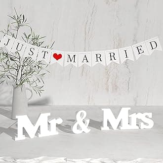 VIOPVERYMr and Mrs Sign & Just Married Banner,Mr & Mrs Signs for Wedding Table,Large Wooden Letters for Sweetheart Table,Photo Props Wedding Decorations for Anniversary(White,Small)