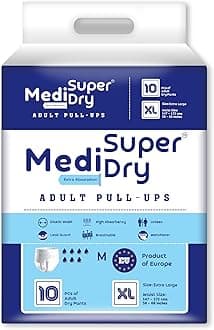 Medi Super Dry Adult Diaper Pants Extra large (XL), Pull-Ups, High Absorbency, Leak Proof, Overnight Protection, Odour Control, Elastic Waist Size (147-172 cm | 58-68 Inches), 10 Pieces, Pack of 1