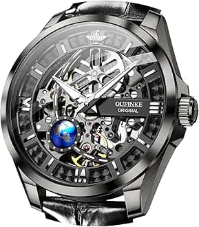 OUPINKE Mens Mechanical Wrist Watch Luxury Business Skeleton Leather Automatic Self Winding Waterproof 50M/5ATM Luminous Watches for Men Gift