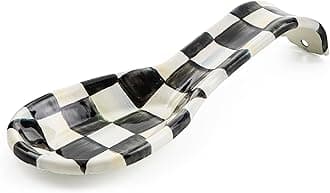 Enamel Spoon Rest, Kitchen Spoon Holder and Utensil Rest for Stovetop, Black-and-White Courtly Check